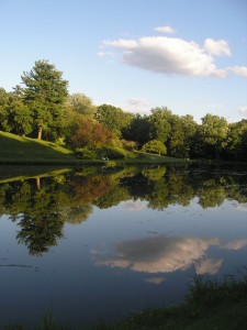 _green trees and a hill across a lake, reflected in the water_